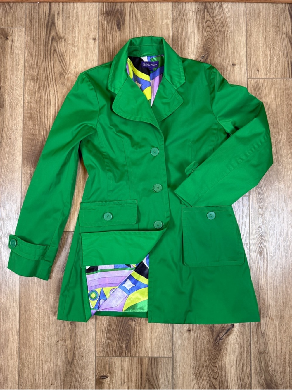 Regal Regency Button-up Coat Kelly Green Semi-fitted Abstract Lining Sz Medium
